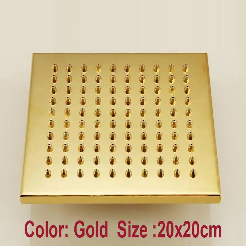 Gold square overhead shower head by decorbites with teardrop nozzles for bathroom rain shower fixture in gold finish