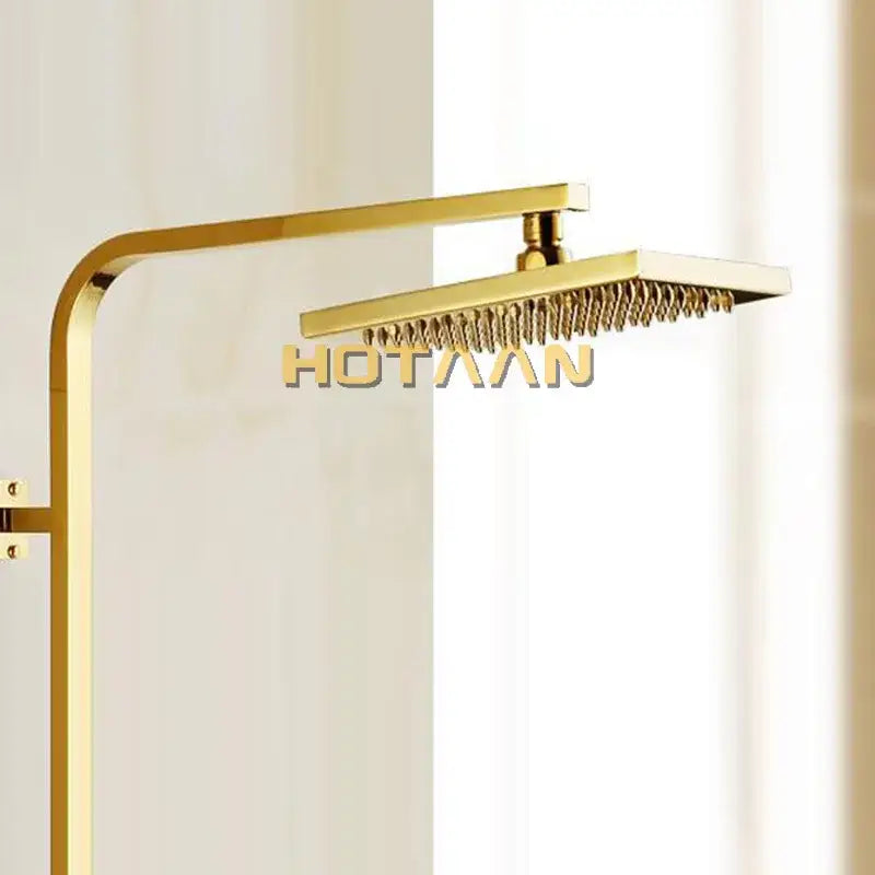 Gold square overhead shower head with gold finish, sleek modern design, and multiple spray nozzles by decorbites gold square