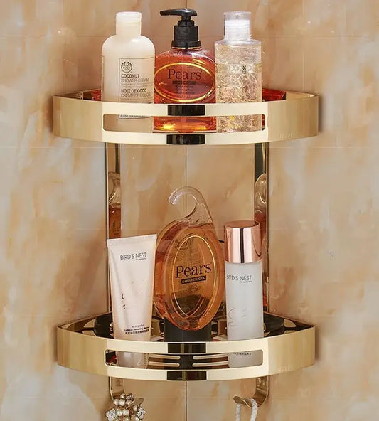 Gold stainless steel two tier corner shelf bathroom shower caddy with sleek metallic finish and integrated hooks by decorbites