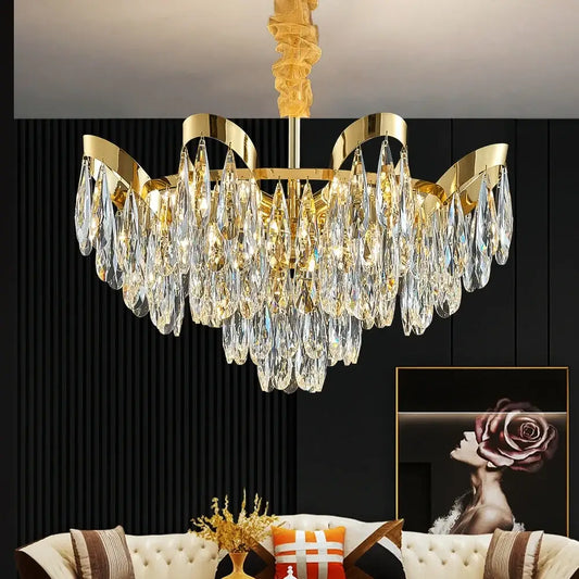 Gold sunflower crystal ceiling chandelier in gold tone with cascading teardrop crystals for living room led decorbites led sunflower light