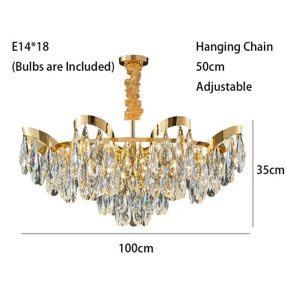 Gold sunflower crystal ceiling led chandelier with cascading clear crystal teardrop pendants and adjustable chain