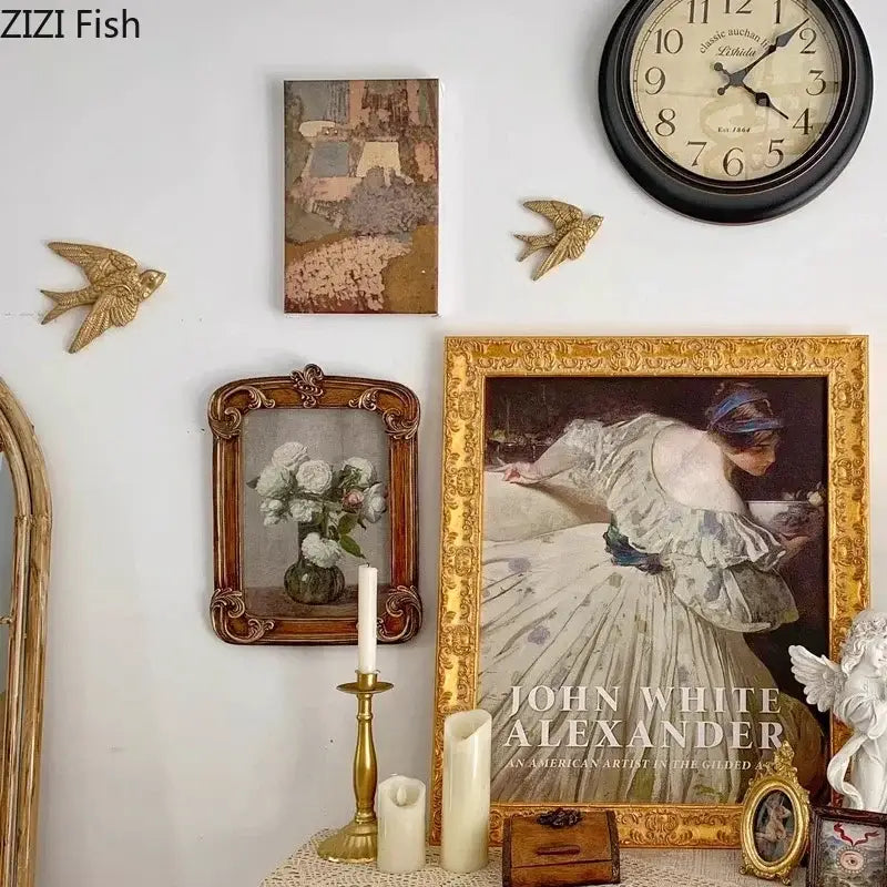 Gold-framed portrait of a woman in white gown by John White Alexander featured in decorbites dove wall hanging hooks