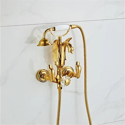 Gold swan bathtub faucet set with gold-finished vintage dragon head design crystal knob and white ceramic handle decorbites gold swan