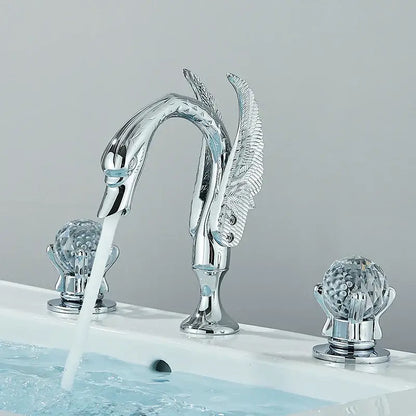 Chrome-finished decorbites gold swan bathroom faucet with gold swan crystal handles and feathered wing details