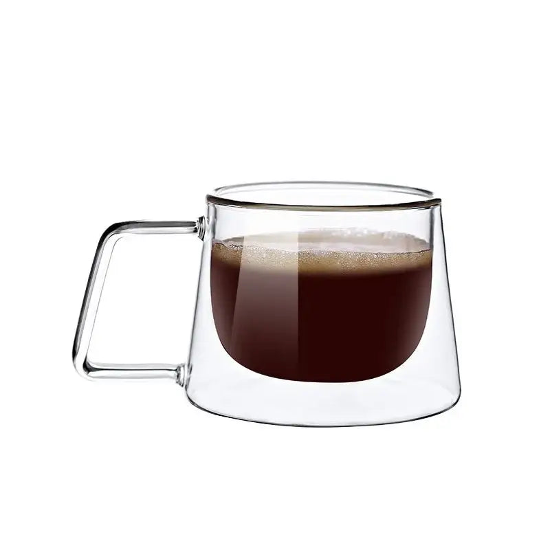 Clear decorbites glass double walled coffee mug with gold swirl and dark espresso inside for modern kitchen use