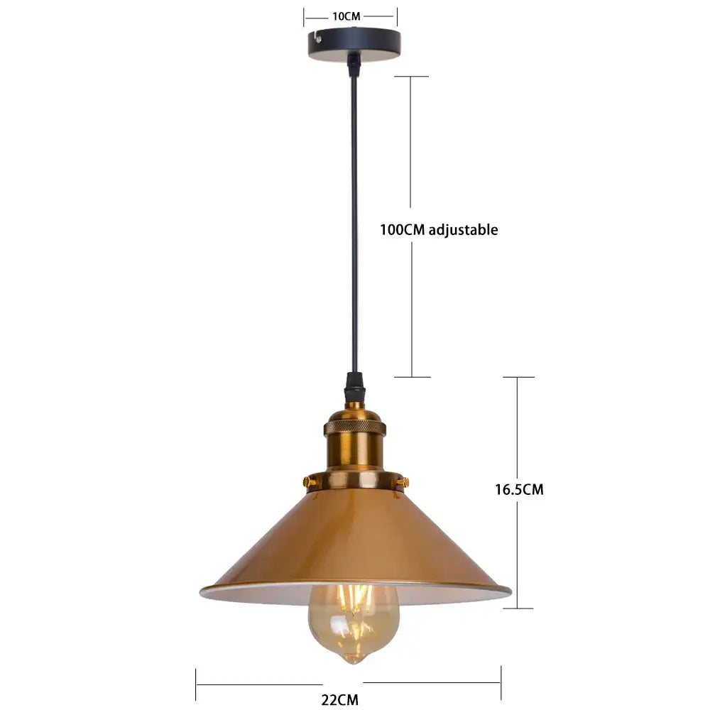Gold vintage industrial pendant lamp with brass-finished conical shade and black adjustable cord for dining room decorbites