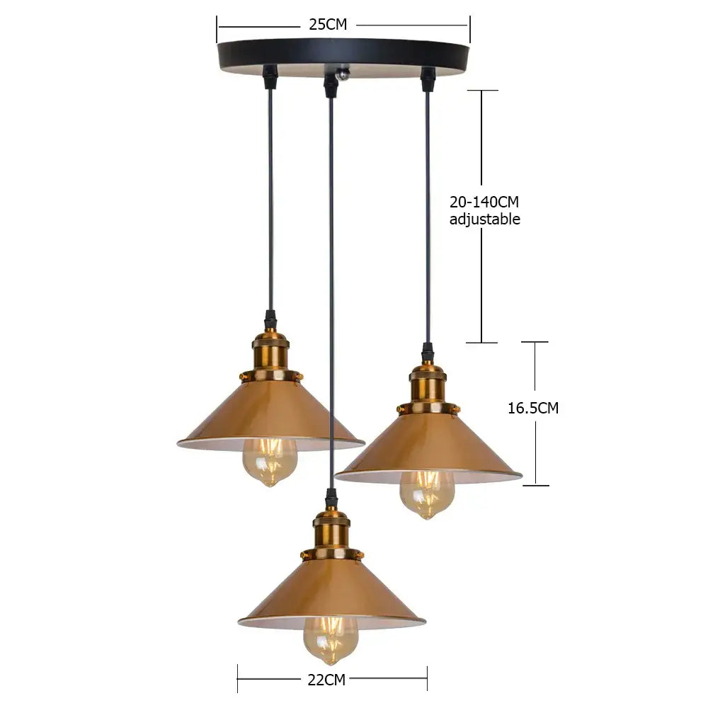Industrial-style three-light pendant lamp with brass-finished gold vintage conical shades and black metal hardware