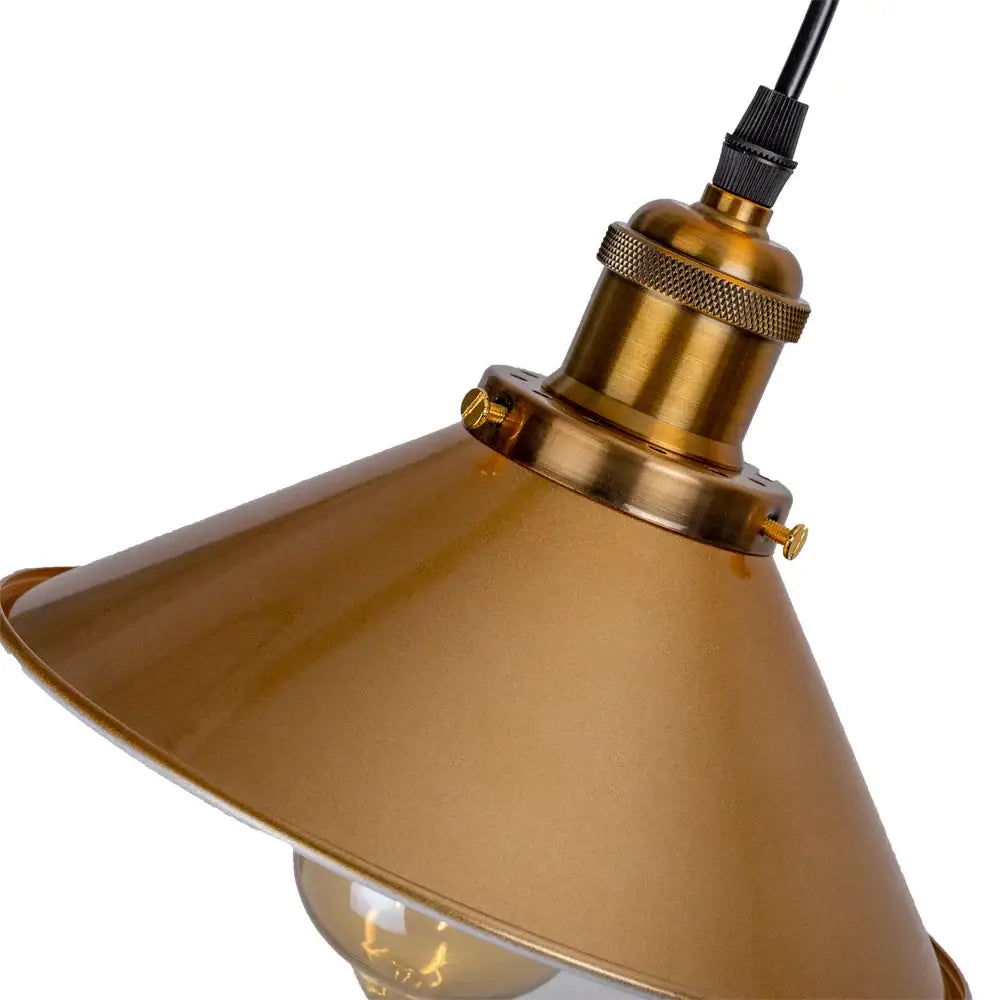 Antique brass gold vintage industrial pendant lamp with conical shade and exposed edison bulb for dining room decorbites