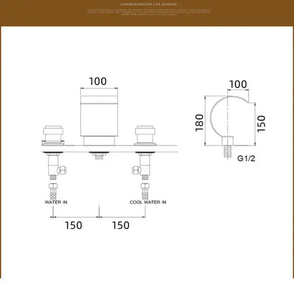 Technical schematic diagram of decorbites gold waterfall double handle basin faucet with crystal knob and precise dimensions