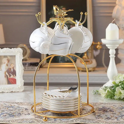 Gold wave white bone china cup set with gold-toned metal rack decorbites gold wave porcelain tea set for dining room