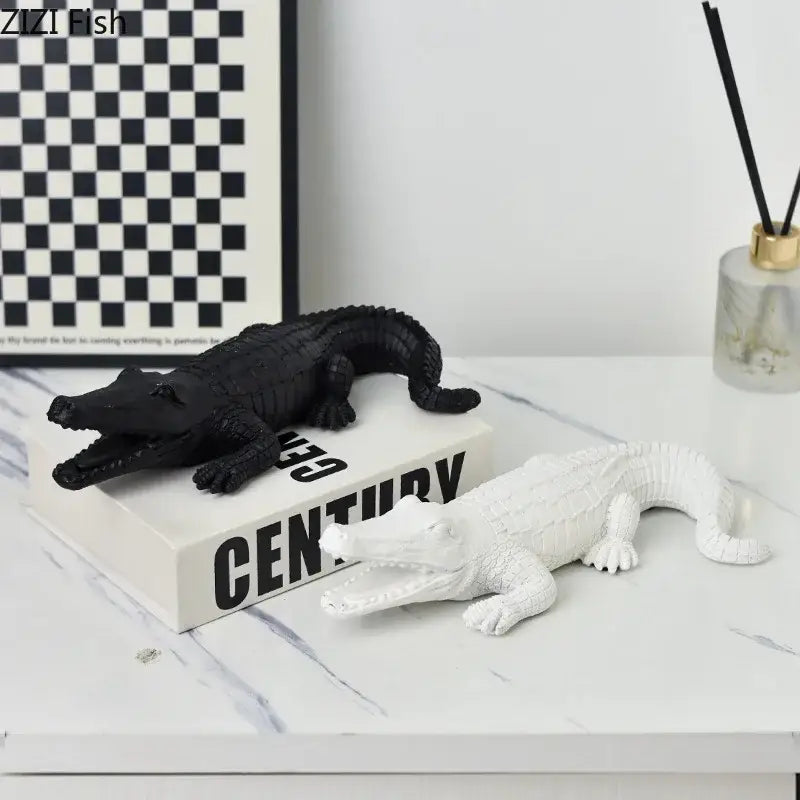 Black and white resin crocodile resin sculpture with detailed scales and open mouths on marble surface for decorbites desk decor
