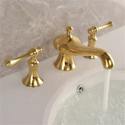 Gold widespread bathroom faucet with three lever handles classic design and polished finish for decorbites gold widespread
