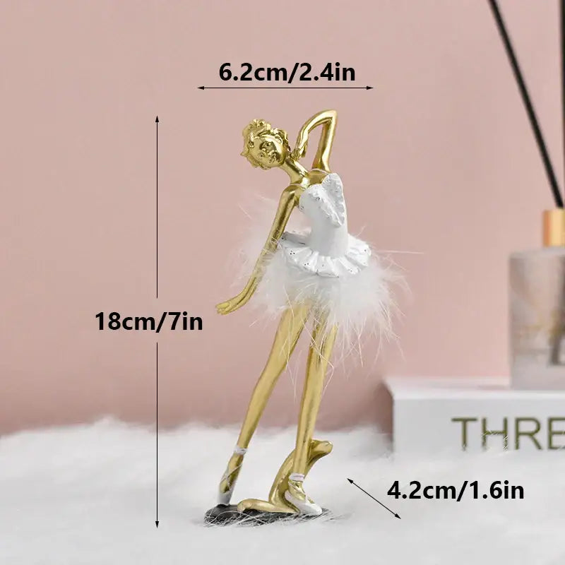 Golden and white ballet girl resin figurine with feathered tutu and delicate detailing for desktop decor