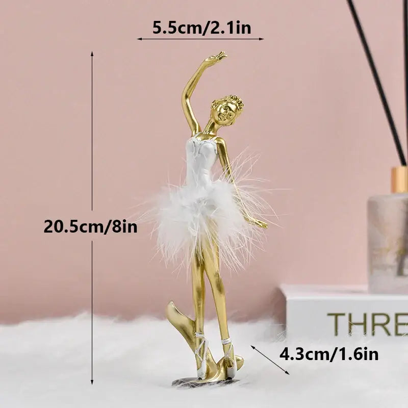 Golden and white ballet girl resin figurine with feathered tutu and satin bodice for desktop bedroom decor