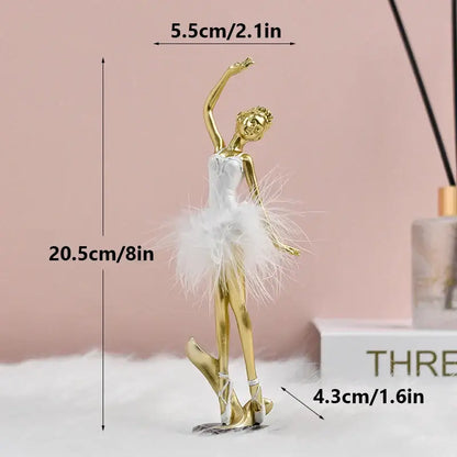 Silver ballet girl resin figurine with delicate white feathered tutu and polished metallic finish for desktop decor