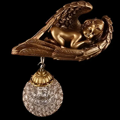Golden angel wall lamp with detailed wings and crystal-encrusted globe for elegant living room decoration