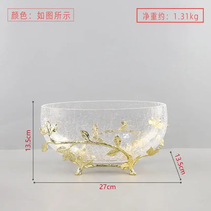 Clear crackled glass fruit plate with gold leaf and branch detailing designed as a dining room centerpiece bowl