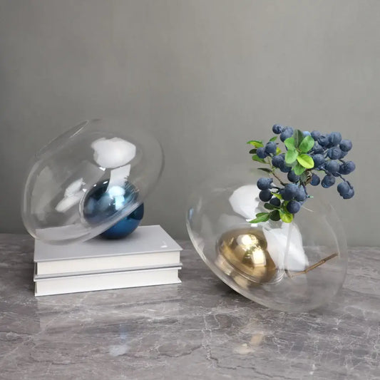 Clear glass dome-shaped ball glass vase with reflective blue and gold golden ball decor for living room hydroponic use