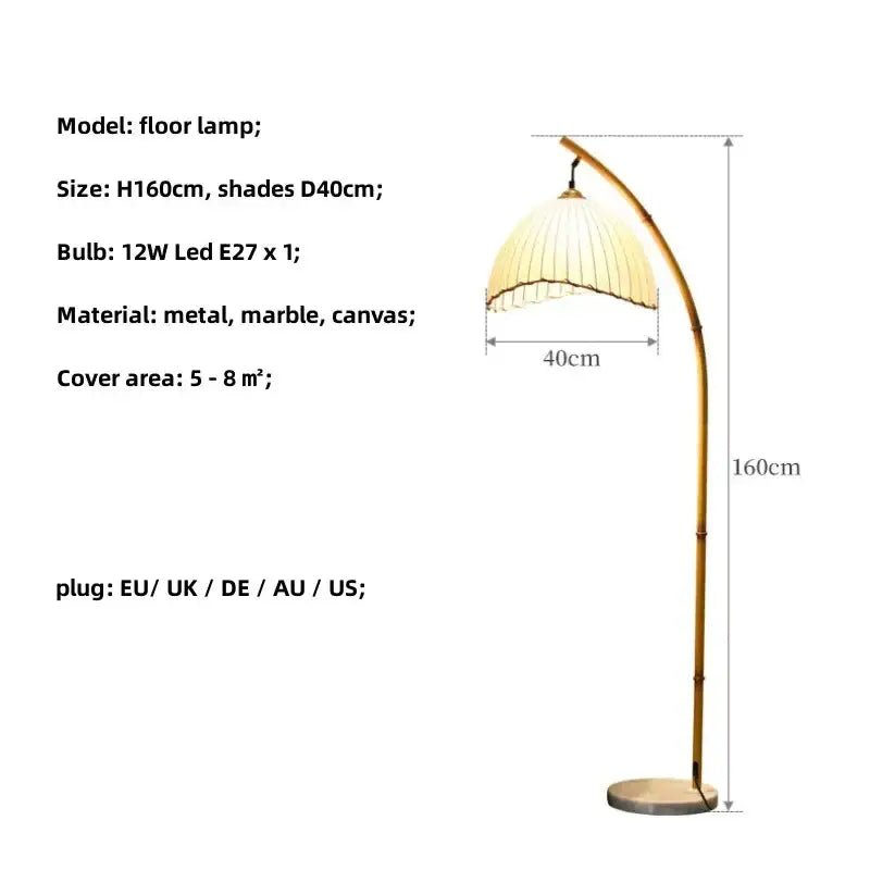 Golden bamboo shaped led floor lamp with curved bamboo shaped stand cream pleated shade and marble base for living room decorbites floor lamp
