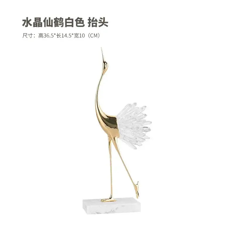 Elegant white crystal crane figurine with golden bird agate body and slender legs on bird agate marble base for home decor