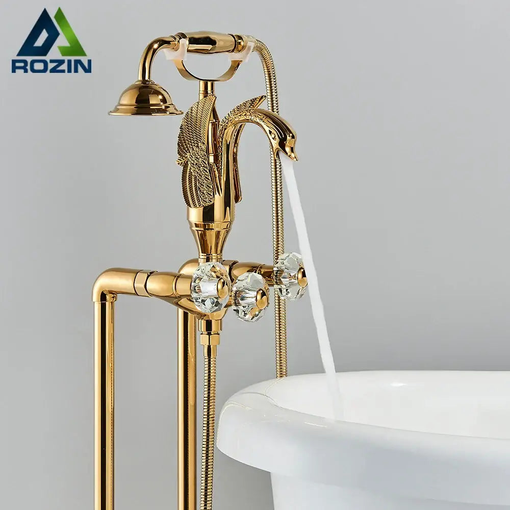 Golden bird freestanding bathtub faucet with gold finish swan design crystal handles and detachable showerhead decorbites golden bird