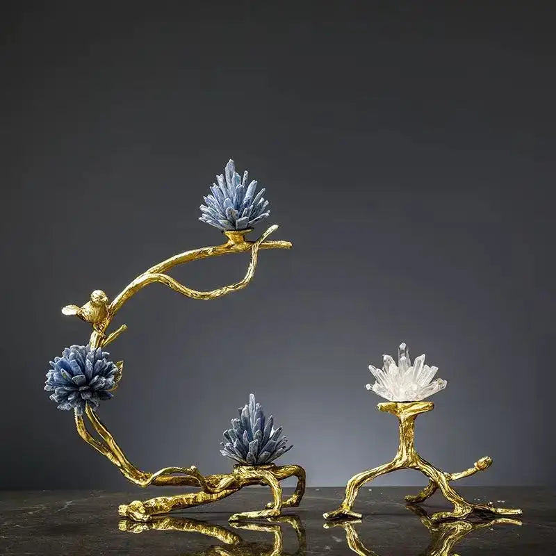 Golden bird metal branch sculpture with blue and clear crystal flowers for living room decor