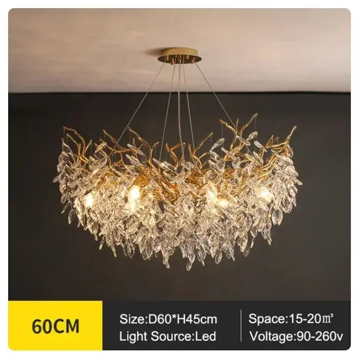 Golden branch ceiling chandelier with gold-toned brass fixture and leaf-shaped crystal droplets for living room decorbites golden branch