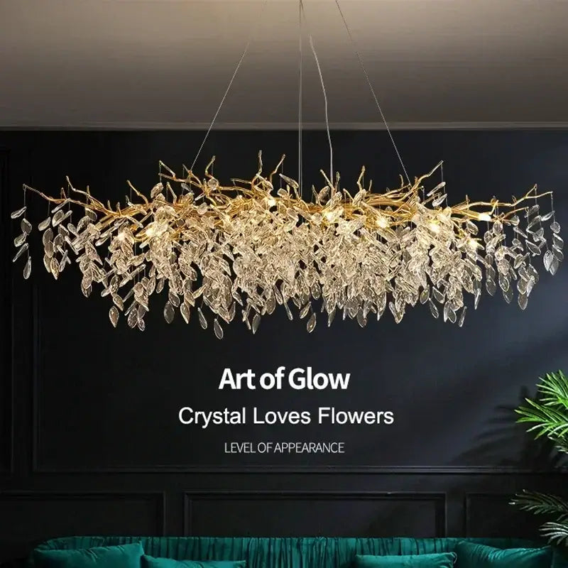 Golden branch ceiling chandelier with clear crystal leaves emitting warm glow for living room decorbites golden branch