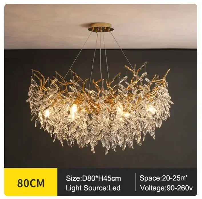 Golden branch ceiling chandelier with gold-toned frame and cascading crystal leaves illuminated by led lights for living room decorbites golden branch