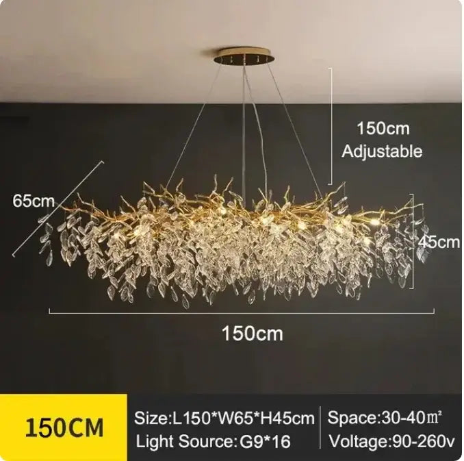 A 150cm decorbites golden branch ceiling chandelier with adjustable golden metal frame and clear crystal leaves for living room decor