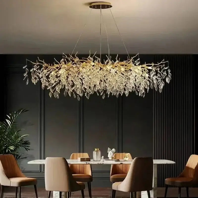Golden branch ceiling chandelier with crystal leaves features a golden leaf-shaped design for living room decorbites golden branch