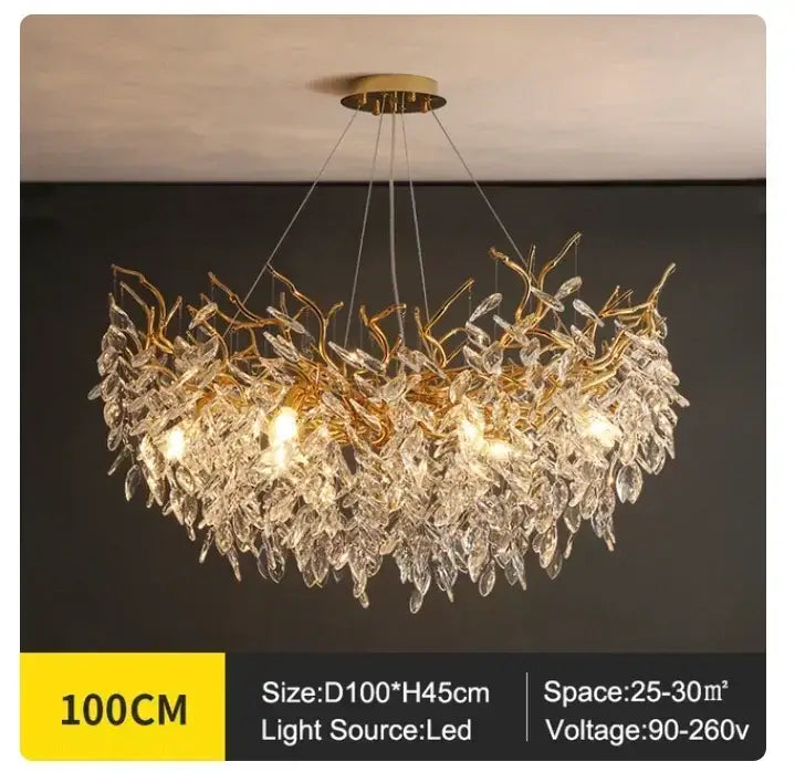 Golden branch ceiling chandelier with gold-toned brass fixture and intricate crystal leaf droplets for living room decorbites golden branch