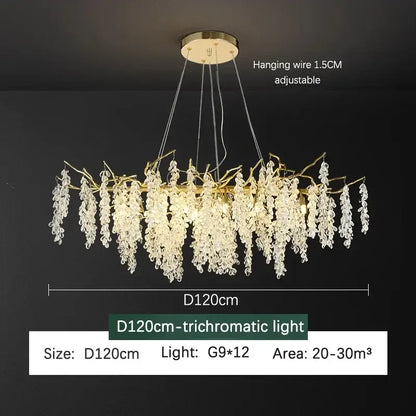 A 120cm decorbites golden branch crystal chandelier with golden frame and trichromatic lighting for living room decor