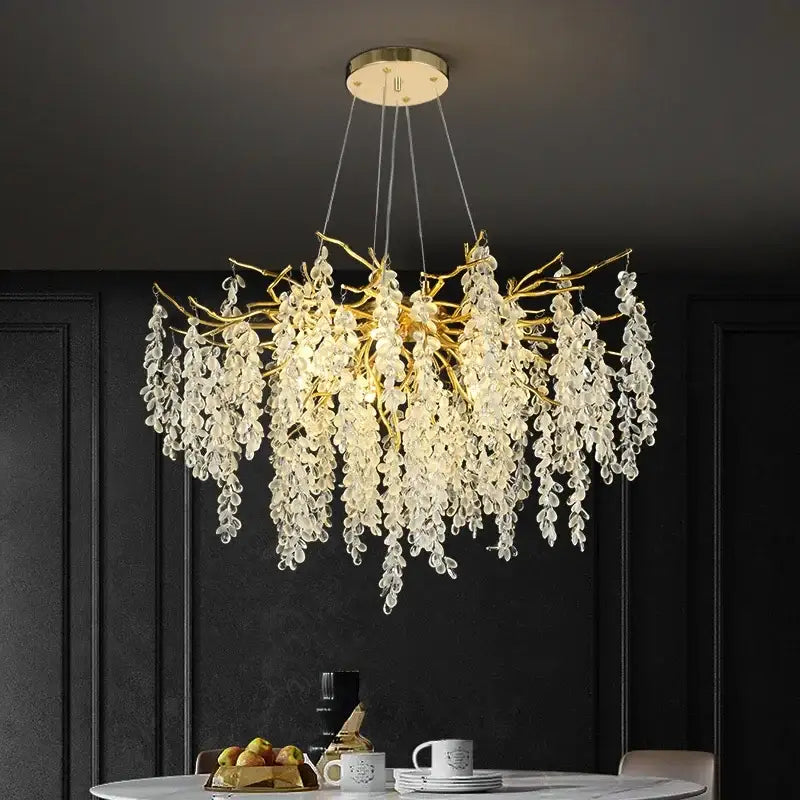Golden branch crystal chandelier with cascading clear crystal droplets for living room decor by Decorbites golden branch