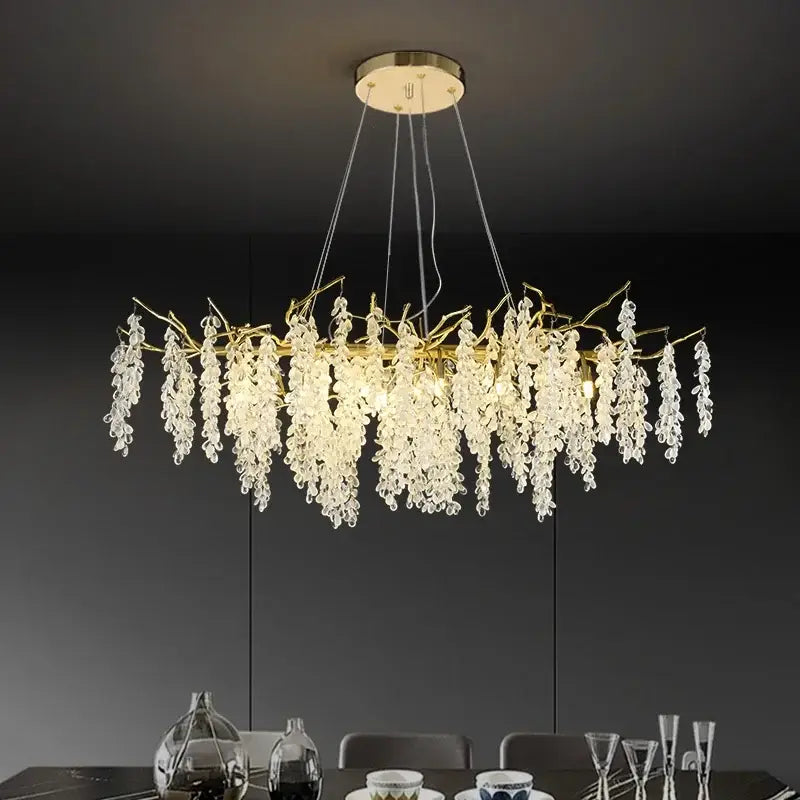 Golden branch crystal chandelier with cascading clear crystal droplets resembling grapevines for living room decorbites golden branch