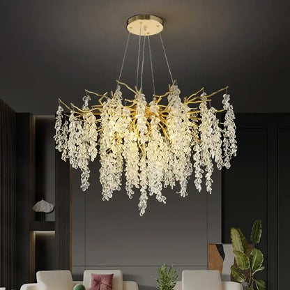 Decorbites golden branch crystal chandelier with cascading clear crystal droplets for living room grapevine light decor