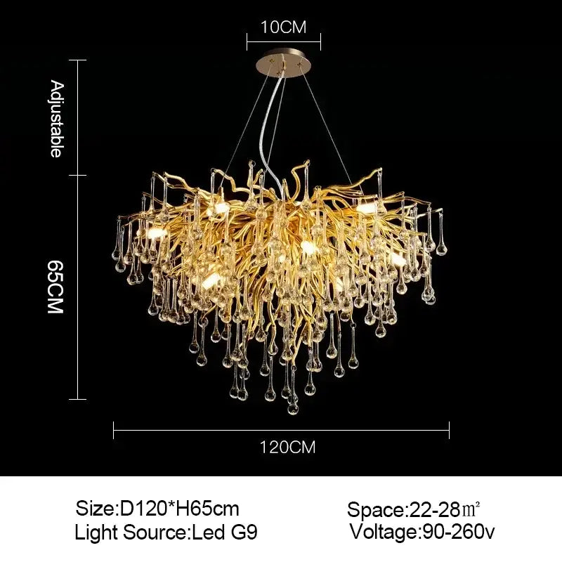 Golden crystal chandelier with branch-like design, dangling crystal teardrops, and led g9 bulbs for luxury living room lighting