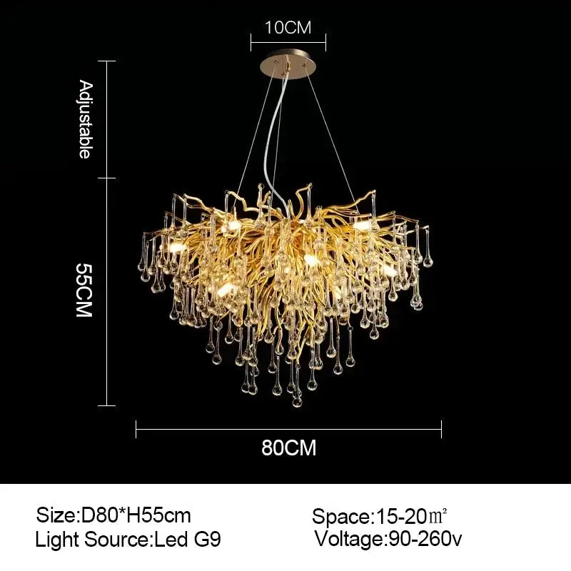 Golden crystal chandelier with branch design, crystal droplets, and led g9 bulbs for living room luxury lighting