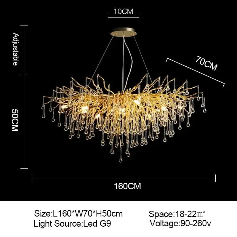 Golden crystal chandelier with branch-style design and dangling crystal droplets for living room luxury lighting