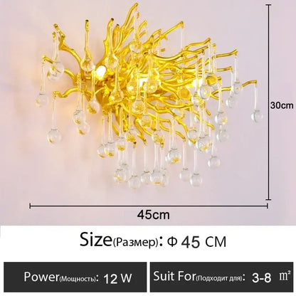 Golden crystal chandelier wall sconce with branch design and dangling clear glass teardrop crystals for living room luxury lighting