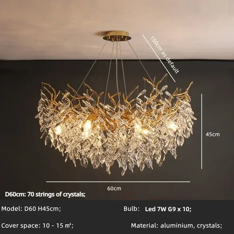 Gold-toned golden branch crystal led pendant lights dining room chandelier with cascading aluminum and crystal leaves decorbites crystal led