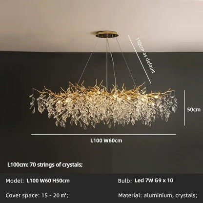 Gold-toned golden branch crystal led pendant lights with cascading clear crystal leaves from aluminum mount for dining room decorbites crystal led chandelier