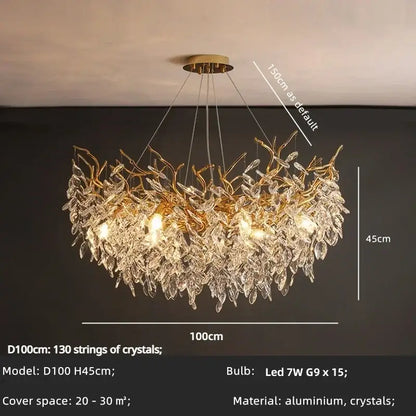 Gold-toned golden branch crystal led pendant light with cascading crystal leaves and aluminum fixture for dining room decorbites crystal led