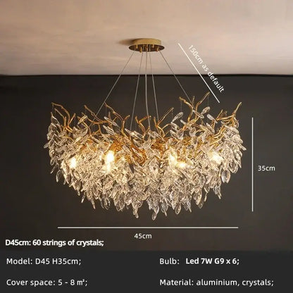 Gold-toned golden branch crystal led pendant lights chandelier with intricate aluminum crystal leaves for dining room decorbites crystal led
