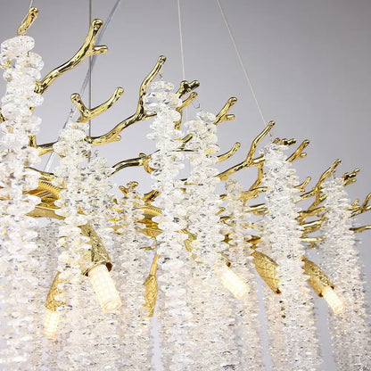 Elegant gold-toned decorbites crystal metal chandelier with cascading clear beads and warm led bulbs for dining room decor