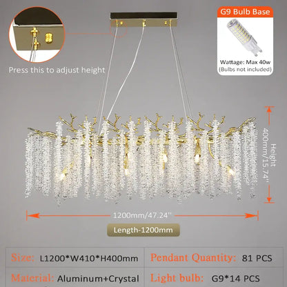 Gold-toned decorbites crystal metal chandelier with branch-like aluminum frame and cascading clear crystal droplets for dining room