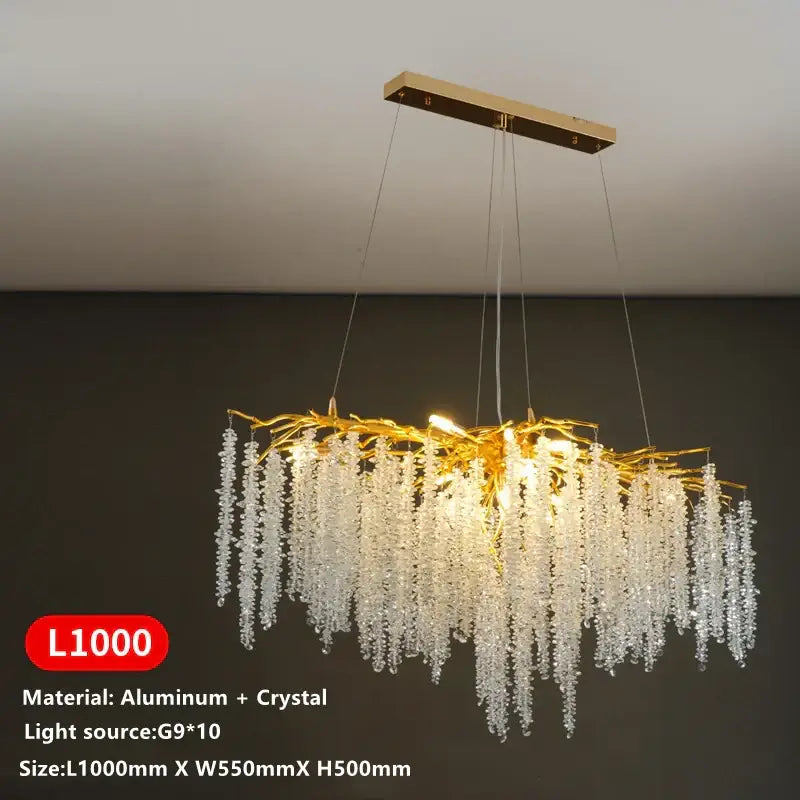 Golden branch crystal tassel ceiling chandelier with gold-toned aluminum frame and clear crystal droplets for living room decorbites crystal tassel