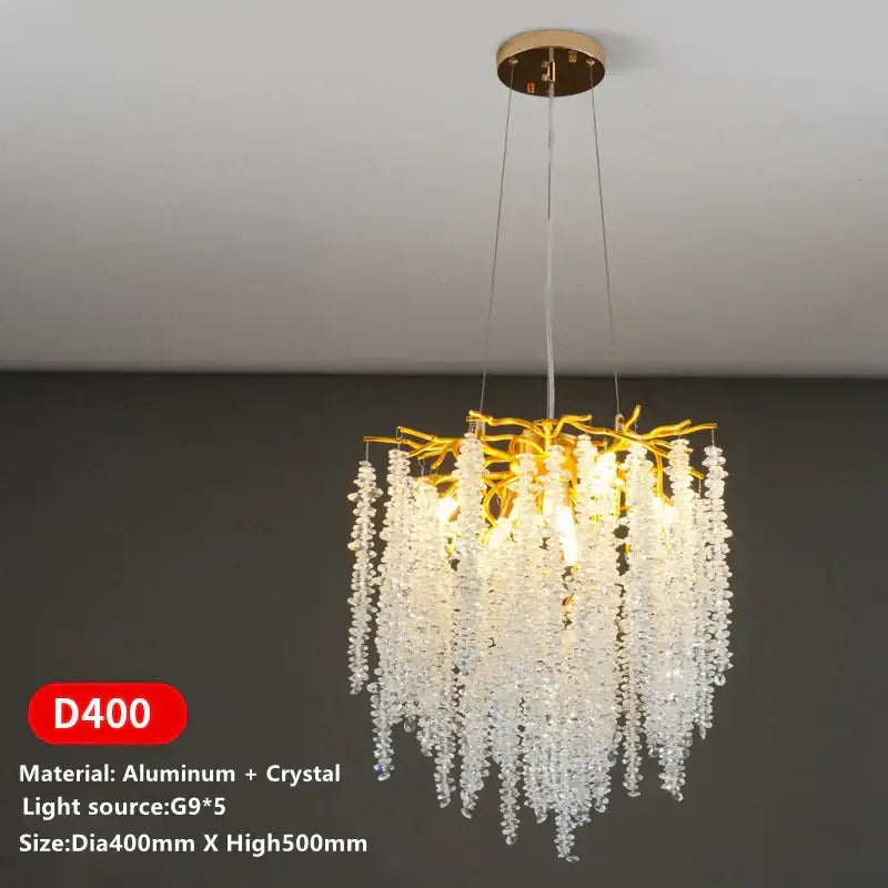 Golden branch crystal tassel ceiling chandelier with cascading clear droplets made of aluminum and crystal for living room decorbites crystal tassel