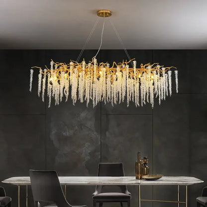 Golden branch crystal tassel chandelier with cascading clear crystal droplets for elegant dining room decorbites crystal tassel