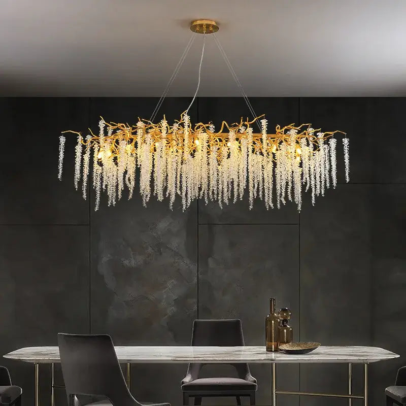 Golden branch crystal tassel chandelier with cascading clear crystal droplets for elegant dining room decorbites crystal tassel